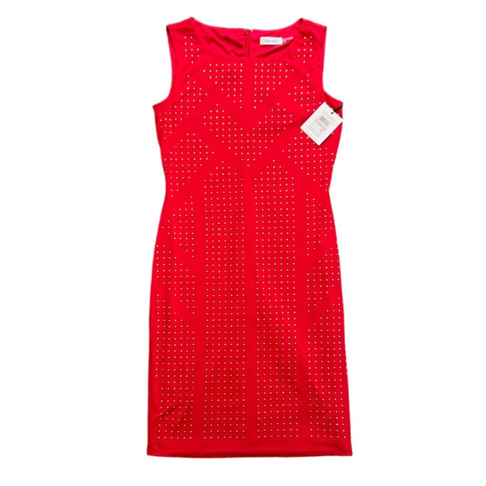NWT Calvin Klein Gold Studded Red Sleeveless Sheath Dress 6